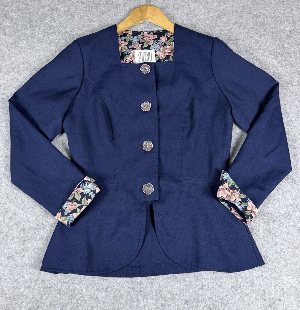Vintage Sabino Women’s 8 Navy Blazer Floral Cuffs Flower Buttons Jacket